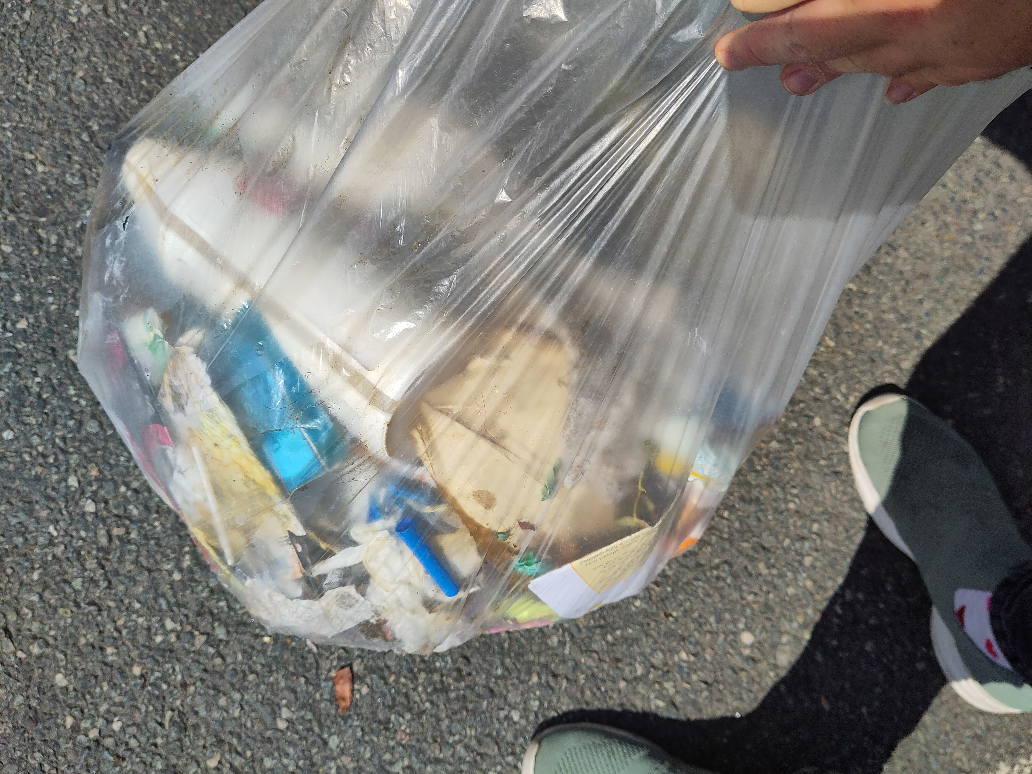 A top down image of a bag full of litter collected arround the town